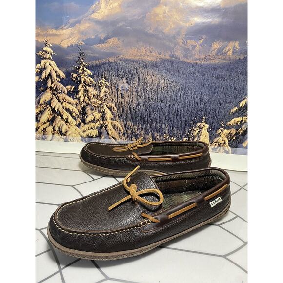 L.L. Bean Slippers Moccasins Brown Leather Shearling Lining Men’s Size 12 Medium main image 8